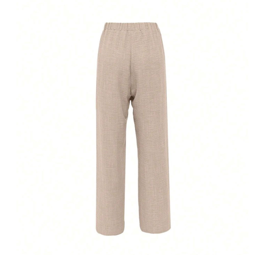 Wide Straight-Leg Linen-Blend Pants with Lace Side Panel - Beige - Picture 4 of 8